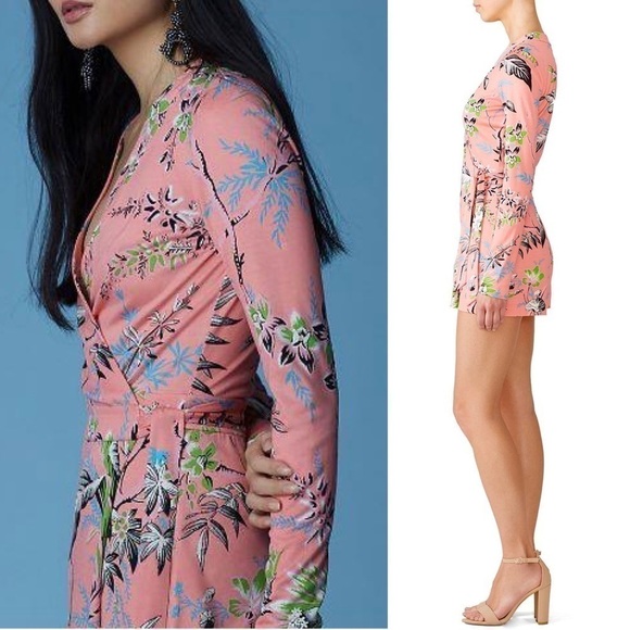 DVF Silk Floral Long Sleeve V-Neck Wrap Style Tie Waist Faux Mini Dress Romper 8 - Picture 6 of 10